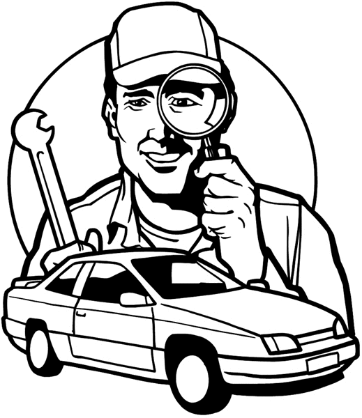 Mechanic with magnifying glass and wrench vinyl sticker. Customize on line. Autos Cars and Car Repair 060-0300 